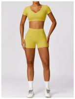 Conjunto de mallas de yoga, top, conjunto deportivo Fiess de manga corta, material de nailon para mujer, patrón sólido adaptable para primavera/verano - details 7