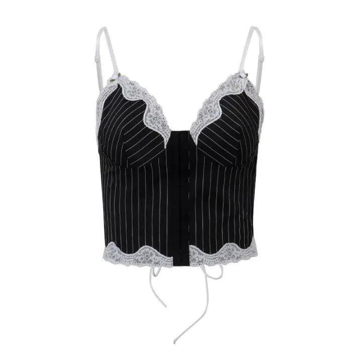 BUNO-camiseta sin mangas negra sexi a rayas Y2K con estampado de encaje y tirantes ajustados, camisetas informales sin mangas con cuello en V para fiesta en la calle para primavera y verano - 1