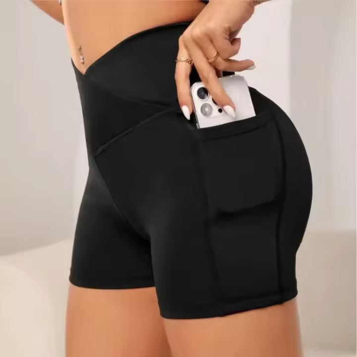 Pantalones cortos de yoga de cintura alta para mujer, pantalones cortos de yoga suaves de cintura cruzada, pantalones cortos deportivos de yoga de color puro de tela de poliéster - 1