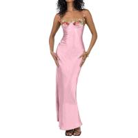 Temperamento Primavera Verano moda Sexy bordado Ence correas Color sólido vestido largo mujer verde hábil envoltura de cadera - details 5