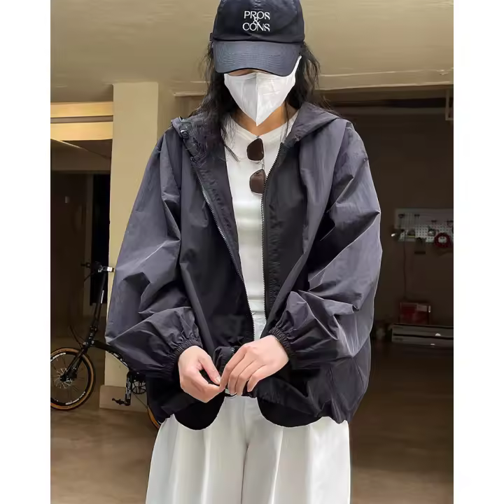Chaqueta con capucha transparente ligera para mujer, chaqueta de protección solar con cremallera, silueta suelta, delgada, manga larga, Verano - 1