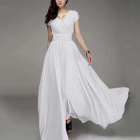 Gran oferta, vestido de noche largo bohemio de Color sólido con manga corta y cuello en V, cintura ajustada - details 3