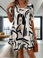 Vestido estampado de manga corta con cuello redondo Falda acampanada con volantes - details 4