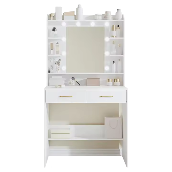 Tocador de Maquillaje Moderno con Espejo y Luz LED Estación de Maquillaje Abierta con 2 Cajones, para Dormitorio o Salón - 1