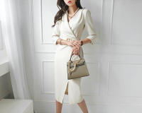 BGTEEVER-vestido ajustado elegante con cuello en V para mujer, vestido de tubo con cinturón de cintura delgada, moda de otoño - details 5