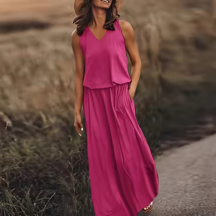 Vestido de Cintura Elástica sin Mangas de Color Sólido V-Neck Moda de Verano 2025 para Mujeres - 1