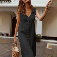 Vestido largo de lino y algodón para mujer, traje informal holgado para playa, Falda Midi para vacaciones, 2024 - details 2
