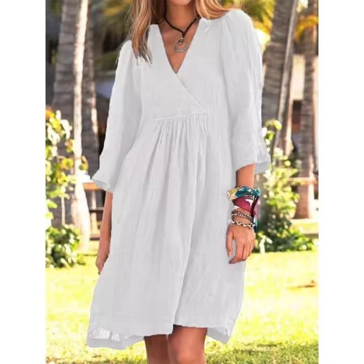 Vestido mediano con cuello en V y mangas tres cuartos en color liso estilo algodón y lino para mujer - 1