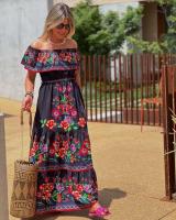 Vestido Largo para Mujer Verano 2025 Escote Palabra de Honor con Estampado de Flores Rojas - details 27
