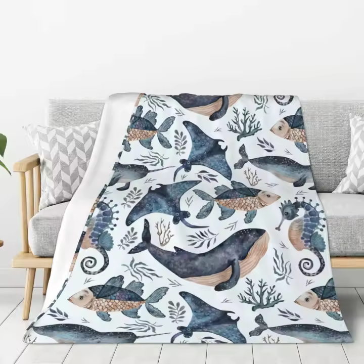 Manta de animales submarinos para cama, sofá, mantas de lana de ballena, ligeras, suaves y acogedoras - 1