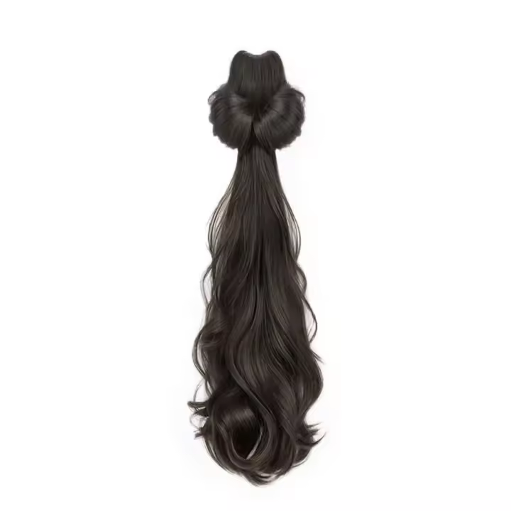 Cola de Caballo baja de fibra resistente al calor, cola de caballo larga y ondulada, peluca de cola de caballo rizada de estilo coreano, peluca con cabeza de bola esponjosa falsa para niñas - 1
