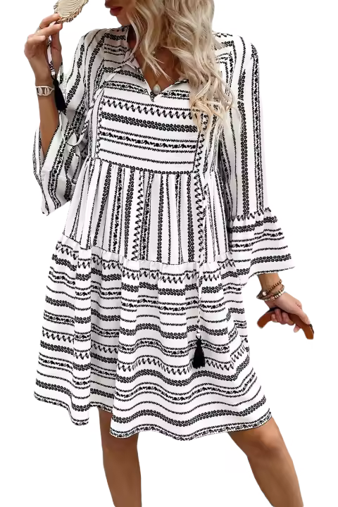 Elrachen Mini vestido a rayas de cintura alta con cuello en V y manga acampanada para mujer, rayas negras, tallas S-XL - 1