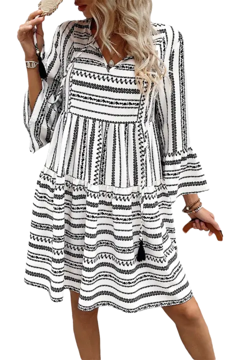 Elrachen Mini vestido a rayas de cintura alta con cuello en V y manga acampanada para mujer, rayas negras, tallas S-XL - 1