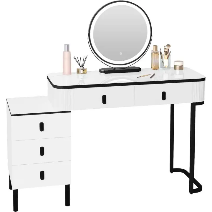 Tocador con LED, espejo, 2 cajones, mueble lateral, blanco + negro - 1