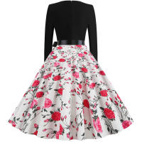 Women plaid print long sleeve vintage a line party dress v neck - details 137