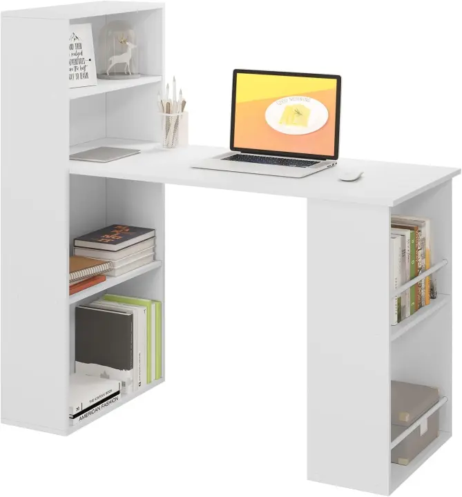 Ordenador, 120x55cm, Mesa de Despacho Reversible, Escritorio con Gran Almacenamiento con 6 Estantes, Mesa de Esquina para Estudio y Biblioteca, Blanco - 1