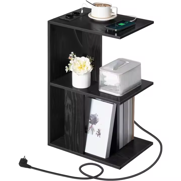 Estación de carga, mesa auxiliar con puertos USB y enchufes, mesa auxiliar para espacios pequeños, para dormitorio, salón blanco - 1