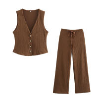 Conjunto de Moda para Mujer OUWU 2 Piezas de Camisetas sin Mangas y Pantalones Vintage de Cintura Alta Elástica - details 3