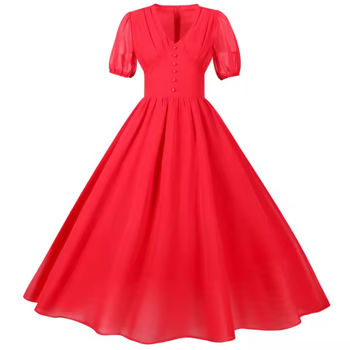 Vestido de fiesta largo vintage elegante de gasa de manga corta con farol liso de verano con cuello en V para mujer - 1