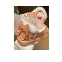 Botas de nieve cortas con nudo de lazo para mujer, zapatos de invierno de felpa y aislamiento, impermeables, de algodón, para el hogar - details 14