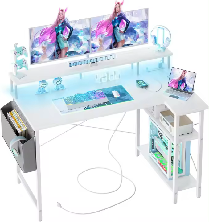 Escritorio de Esquina con LED Regleta Enchufes - 120x70cm Grande Mesa de Ordenador en Forma L, Estantes de Almacenamiento, Oficina Esquina Reversible Escritorio para Estudio Trabajo Dormitorio Hogar - 1