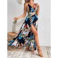 Vestido de noche bohemio con estampado tropical, escote barco, espalda descubierta, cintura ajustada, midi para mujer. - details 9