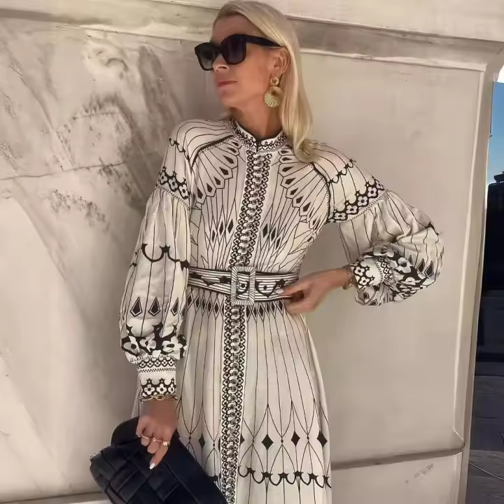 Vestido de Estampado Vintage para Mujer Cuello de Lámpara, Mangas de Farol, Cinturón de Moda Primavera Otoño - 1