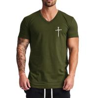 Camiseta de manga corta con cuello en V para hombre, prenda deportiva de algodón, ajustada, transpirable, para correr al aire libre - details 7