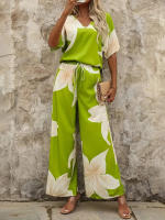Ropa de mujer nueva europea y americana con cuello en V, estampado digital a rayas, pantalones de bolsillo de manga corta, conjunto de dos piezas - details 8