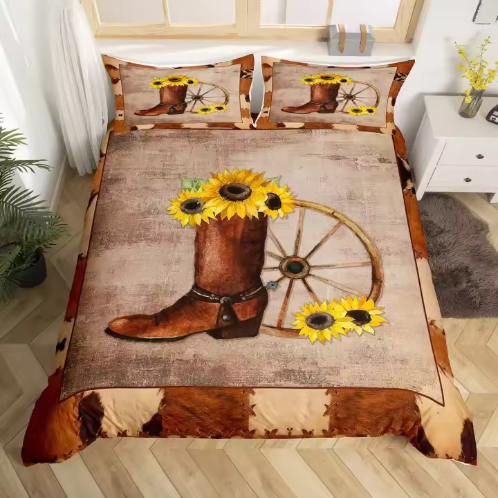 Juego de Funda de Edredón de Cowboy Occidental Twin King Botas de Cowboy Sombrero - 1