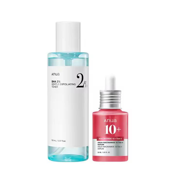Anua 2% BHA Skin Booster Duo - 10% niacinamida + 4% suero de ácido tranexámico piel apagada, tónico exfoliante suave, ácido salicílico, - 1