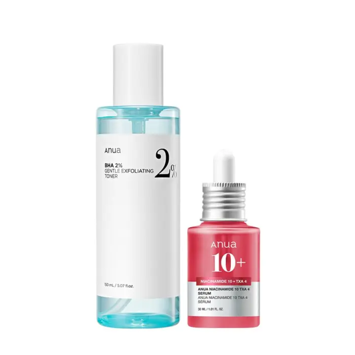 Anua 2% BHA Skin Booster Duo - 10% niacinamida + 4% suero de ácido tranexámico piel apagada, tónico exfoliante suave, ácido salicílico, - 1