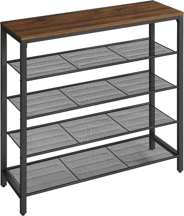 Zapatero, Organizador de Almacenamiento de Zapatos con 4 Estantes de Malla y Gran Superficie para Bolsas, para Entrada, Vestíbulo, Armario, Metal, Industrial, Marrón Rústico y Negro LBS15BX - 1