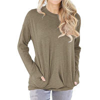 La manga larga vendedora caliente del murciélago del cuello redondo flojo del color sólido de los tops del bolsillo de las mujeres para las mujeres - details 3