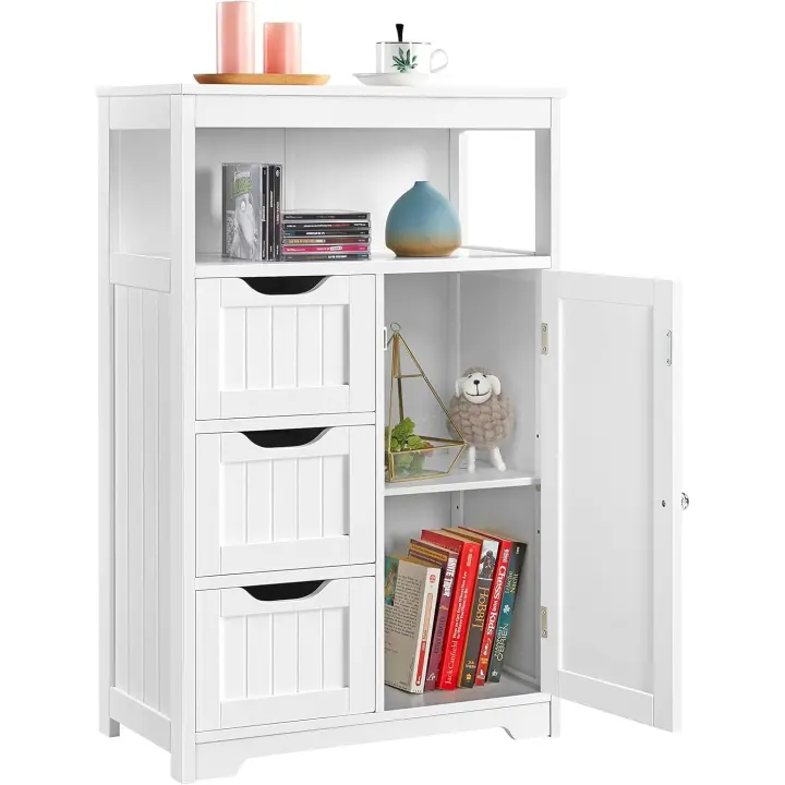 Mueble Baño de Madera Armario Baño con Cajón y Estante Ajustable Mueble Auxiliar de Cocina Armario Multiusos con Puertas Dobles para Salón Entrada Blanco 55,5x29,5x86,5 cm - 1