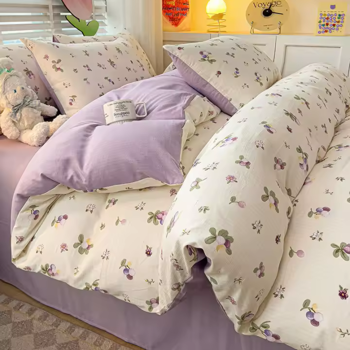 Juego de cama: Sábana ajustable de algodón lavado puro de cuatro piezas, funda de edredón, juego de tres piezas de cama individual para dormitorio de estudiantes: Sábana, funda - 1