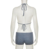 Conjunto de dos piezas de bikini a rayas sexy estilo vacacional americano Lianlianbuwang, top halter y shorts para chica atractiva - details 25