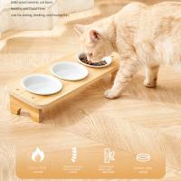 Cuenco de cerámica para gatos con soporte de madera, protege la columna Cervical, 1/2/3 cuencos, plato inclinado para gatos, alimentador elevado antideslizante desmontable para mascotas - details 9