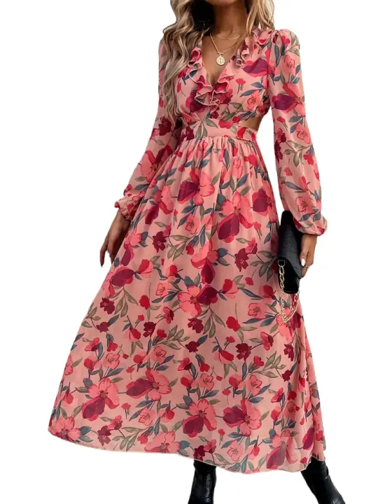 Vestido largo bohemio de manga larga para mujer, traje elegante con cuello en V para vacaciones, primavera y otoño, 2025 - 1