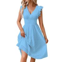 Vestido de verano para mujer con cuello en V y manga acampanada, Color sólido, cintura hueca, vestidos informales para vacaciones en la playa - details 4