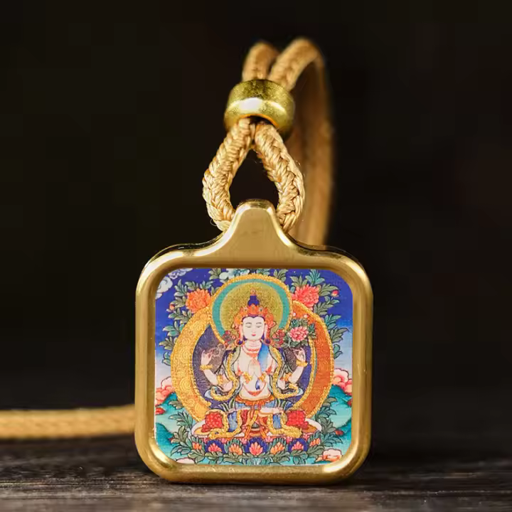 Llevando un pequeño Tangka, Bodhisattva Samantabhadra, Dragón Zhakiram, Gran Colgante del Cielo Negro, Dios Amarillo de la Riqueza, Tara Verde - 1