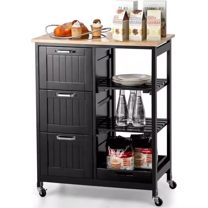 Carrito de Cocina con Ruedas Bloqueables, Carrito de Servicio Multiuso con 2 Estantes Abiertos y 3 Cajones, Bandeja Extraíble, Carro Auxiliar de Madera para Cocina y Comedor - 1