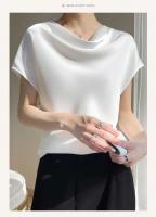 Camisetas de Seda para Mujer Cuello Redondo, Manga Corta, Color Sólido, Top Suelto, Jersey 5XL - details 2
