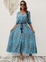 Novedad de verano, vestido bohemio de viaje para vacaciones y playa con cuello en V y mangas tres cuartos con mangas acampanadas y lazo en la cintura - details 11