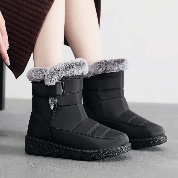 Botas de nieve de felpa para exteriores, botines de algodón de caña media con velcro ensanchado para mujer, botas de algodón impermeables para mujer - 1