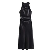 TRAF 2024 vestido Midi de satén fruncido para mujer, vestido largo sin mangas de verano para mujer, vestidos de fiesta elegantes plisados - details 6