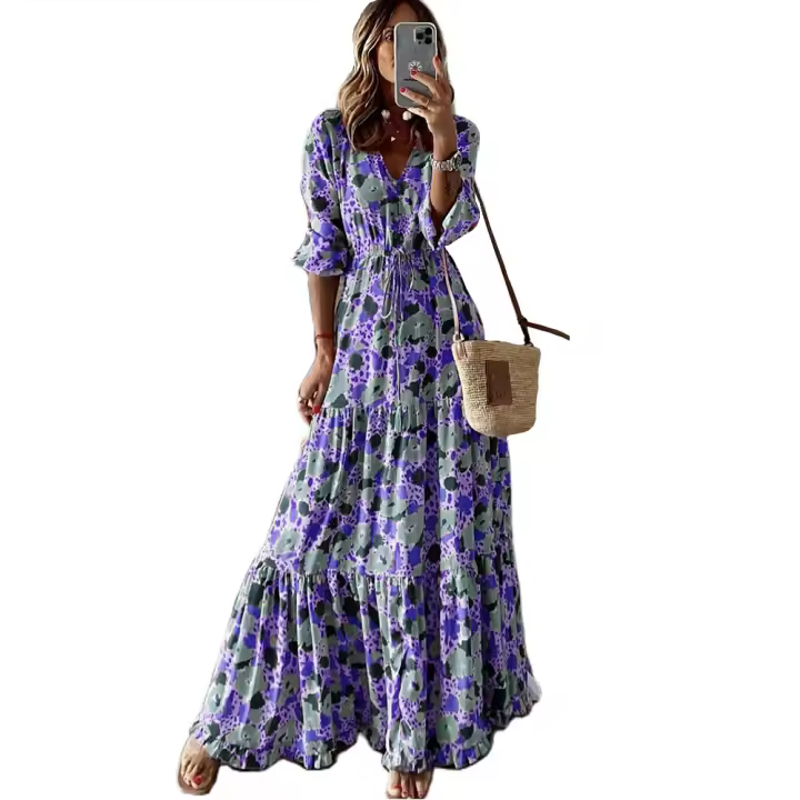 Vestido largo informal para mujer, ropa estampada con cuello en V, temperamento, vacaciones - 1