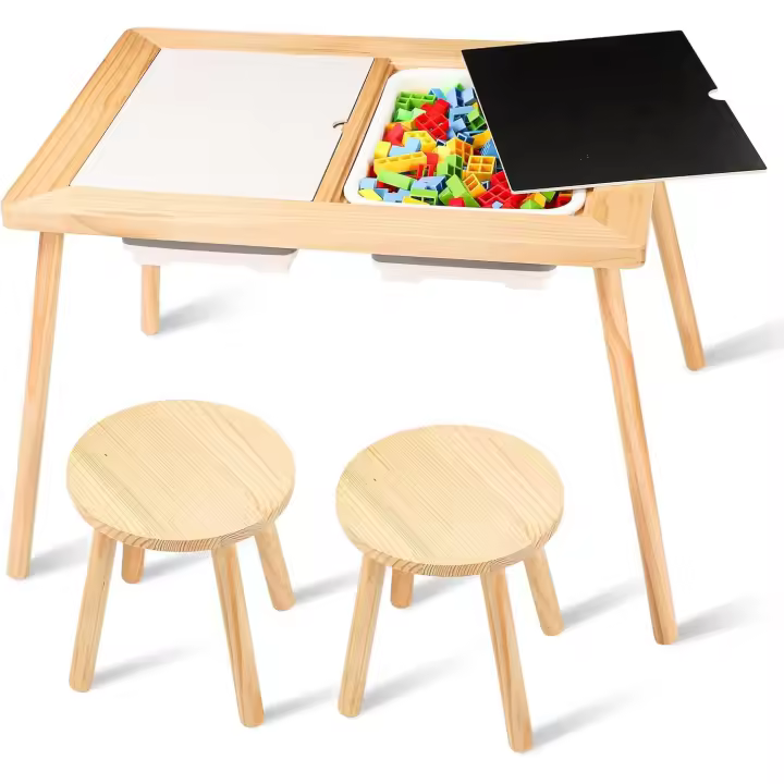 Arena de Juegos de Doble Cara Plegable con 2 Contenedores, 2 Taburetes y 2 Tapas - 1