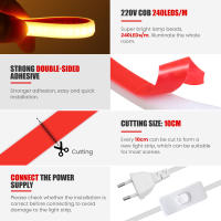 Tira de luces LED COB superbrillante, lámpara Flexible para exteriores, cinta LED impermeable con interruptor, enchufe de la UE, 220V, RA90, 240LED/m - details 4