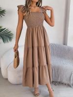Escote cuadrado de verano con mangas anchas y pliegues, vestido informal de algodón transpirable para playa o uso diario, estilo bohemio - details 22